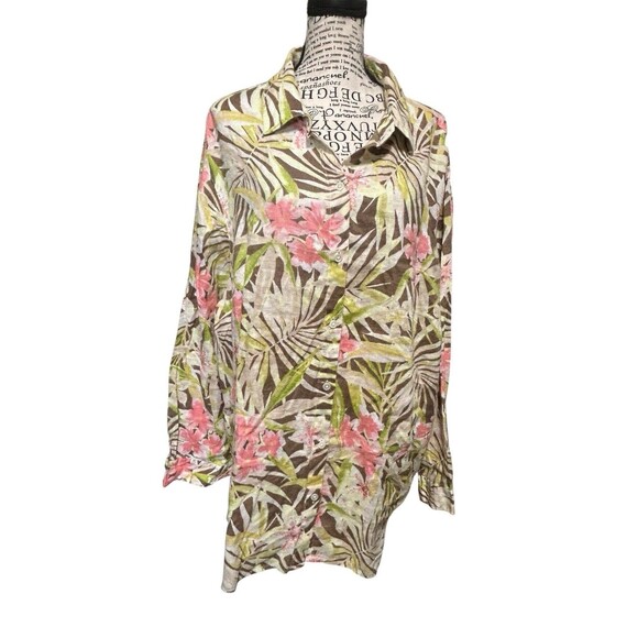 J Jill Womens Button Up Plus 3X Tropical Floral Linen Vacation Preppy Whimsical - Picture 1 of 8